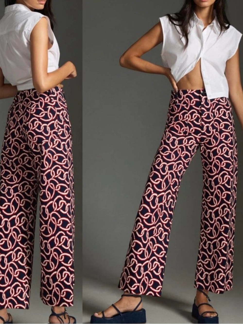 Maeve The Colette Chain Print Wide Leg Pants Navy Red White 25